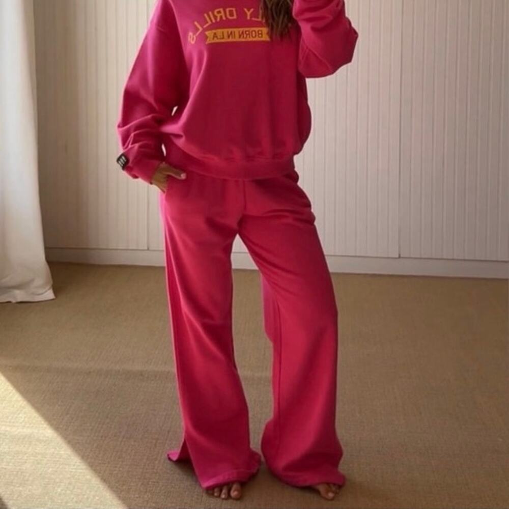 NWT DAILY DRILLS Hot Pink Thermal Wide Leg Sweat Pants lounge Sweats (Rare) XS